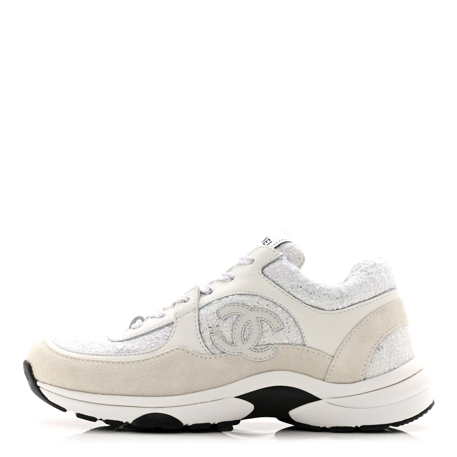Chanel Painted Iridescent Cotton Tweed Suede Womens CC Sneakers 36 White Silver Multicolor 1 of 8