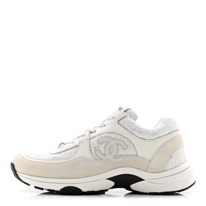 Chanel Painted Iridescent Cotton Tweed Suede Womens CC Sneakers 36 White Silver Multicolor 1 of 8