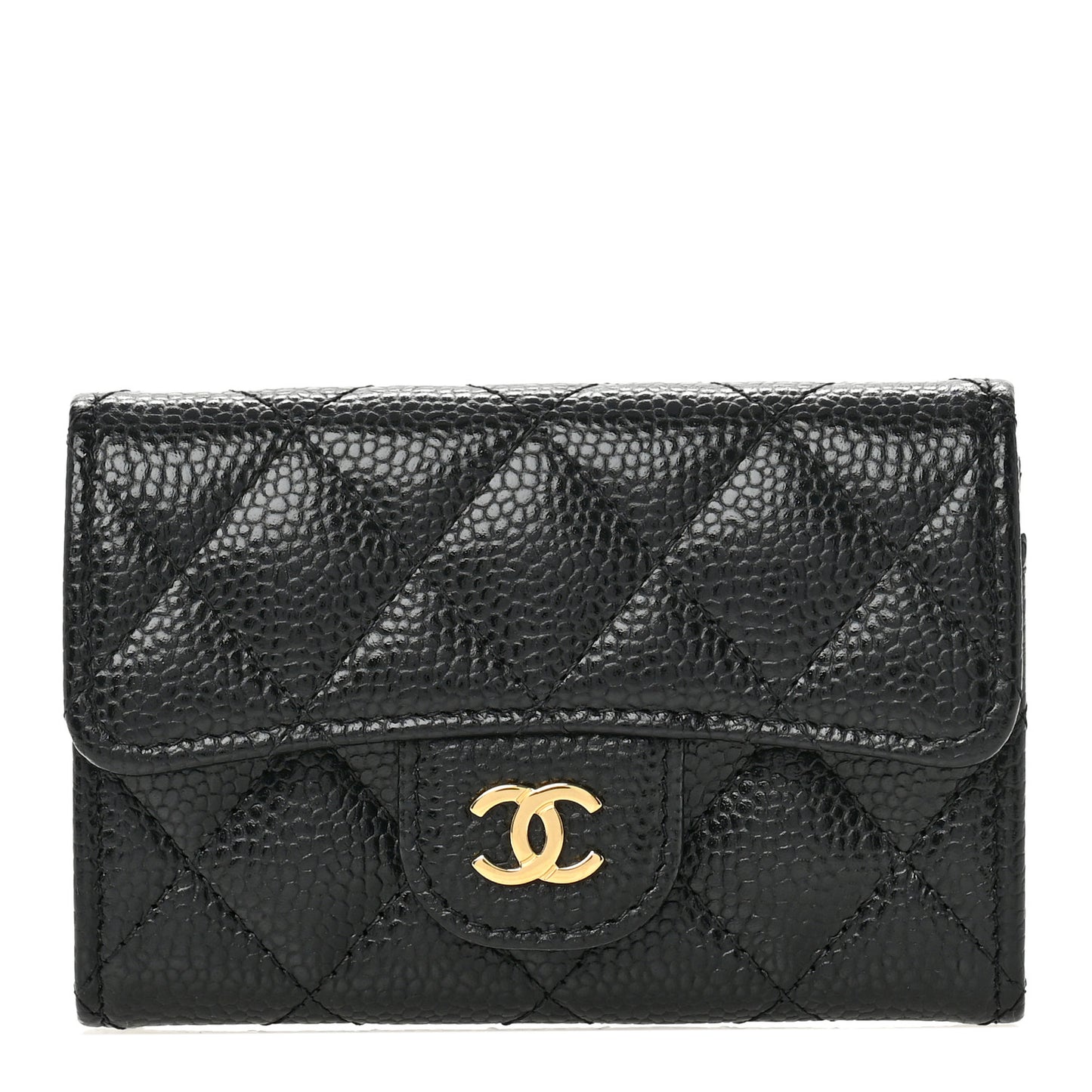 Caviar Quilted Flap Card Holder Wallet Black