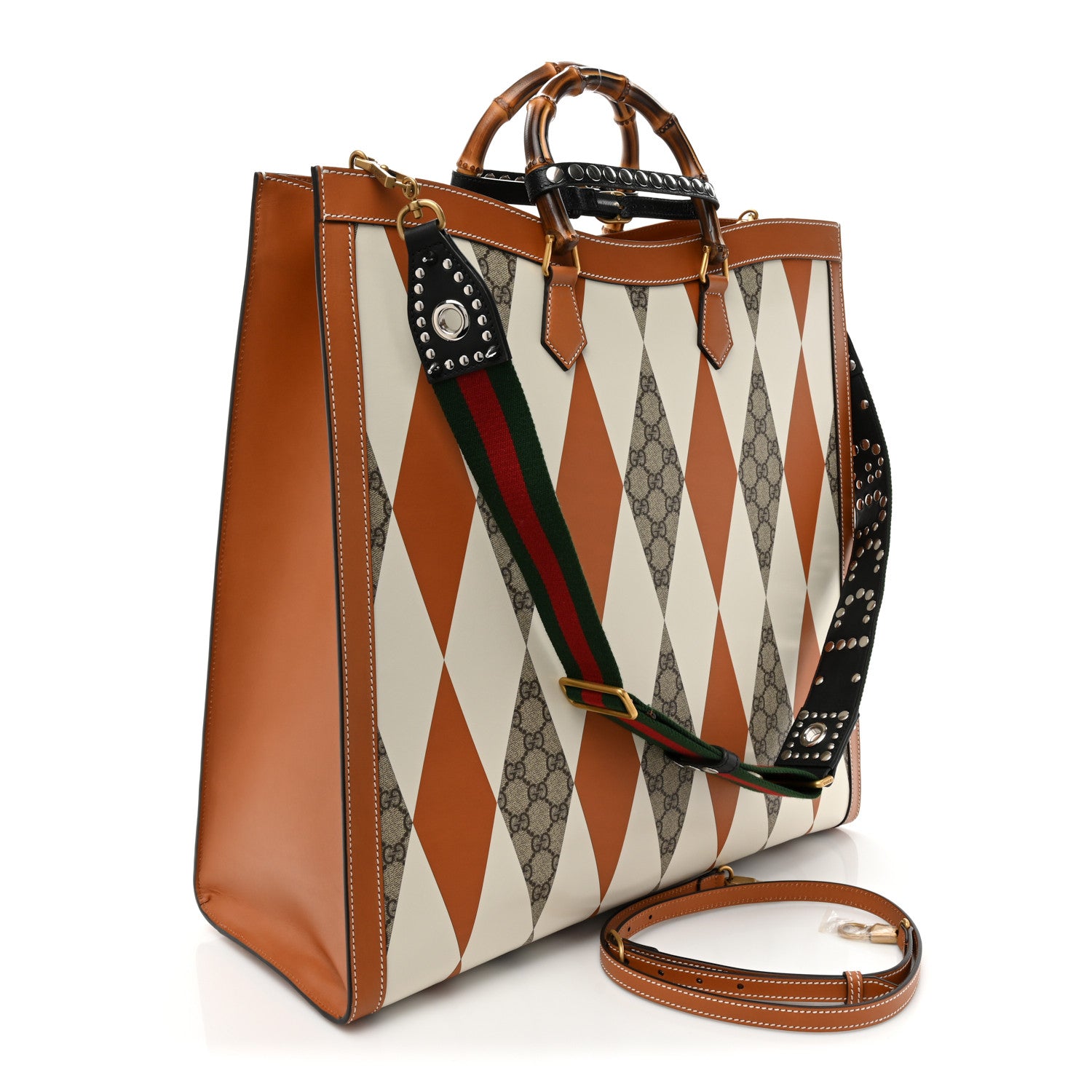 Gucci GG Supreme Monogram Boarded Dyana Calfskin Rhombus Print Studded Maxi Diana Tote Bag Beige Ebony Mystic White Hazel Brown Black 2 of 12