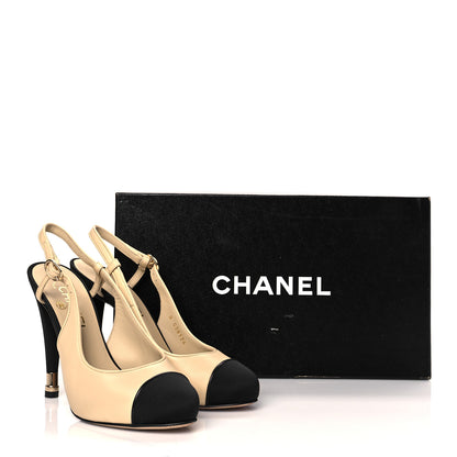 Chanel Lambskin Grosgrain Cap Toe CC Slingback Pumps 38 Beige Black 12 of 12