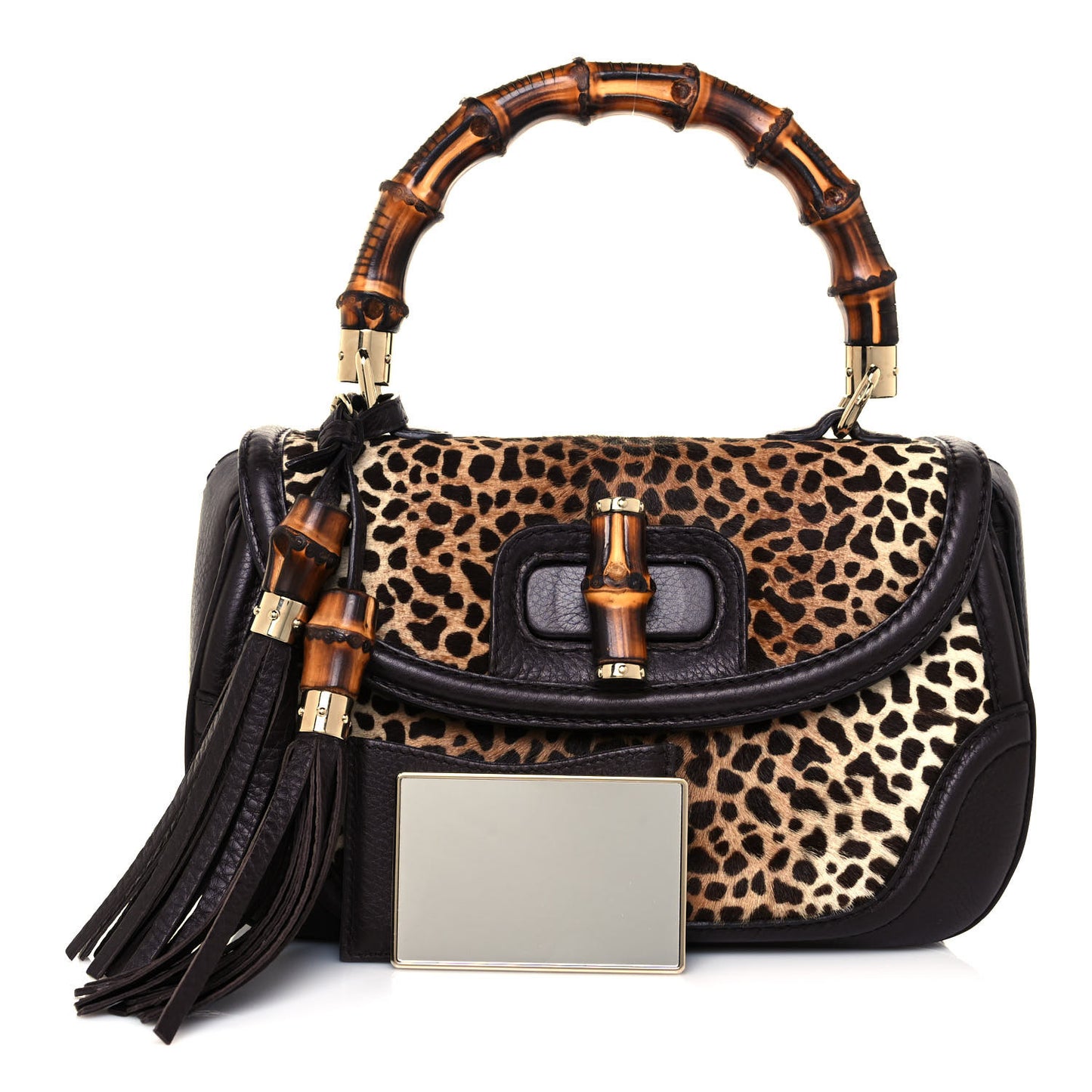 Pony Hair Jaguar Print New Bamboo Medium Top Handle Bag