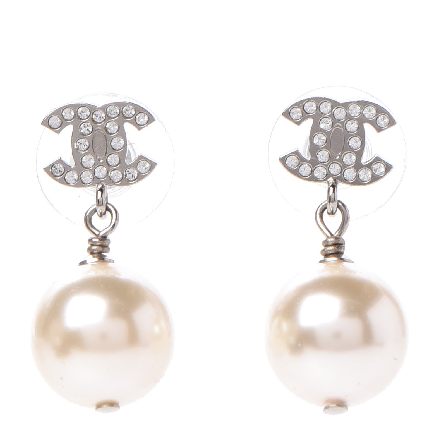 Chanel Crystal Pearl CC Drop Earrings Silver 1 of 5