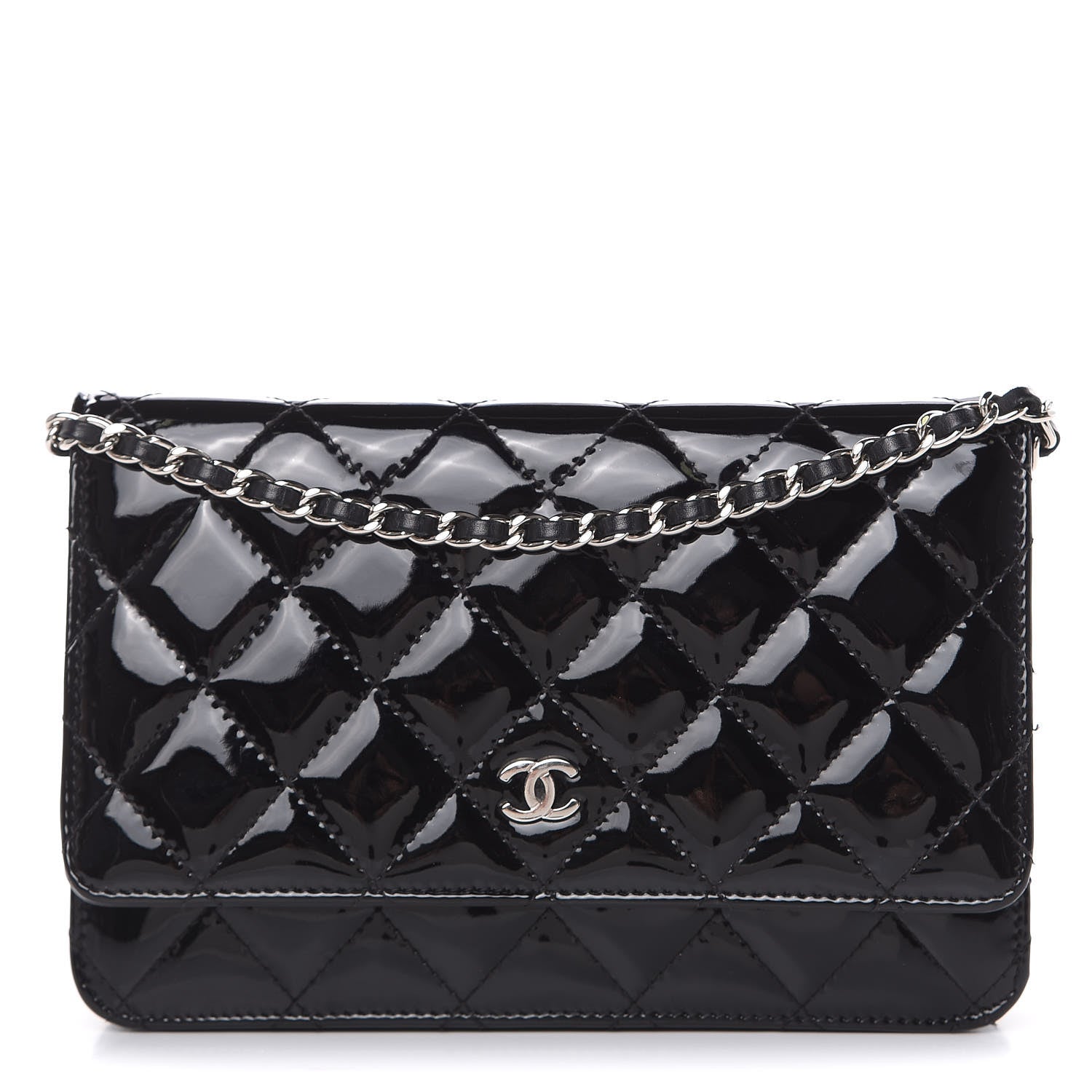 Chanel Patent Quilted Wallet On Chain WOC Black 1 of 15