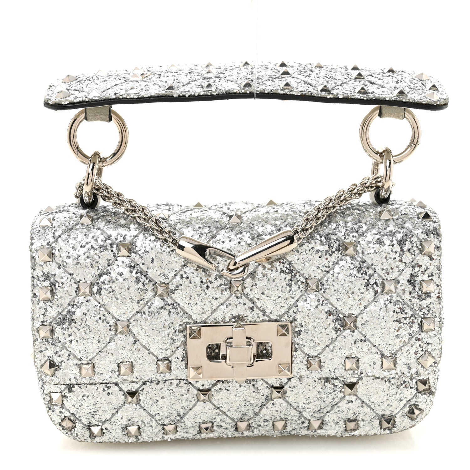 Valentino Garavani Glitter Mini Rockstud Spike Shoulder Bag Silver 1 of 12