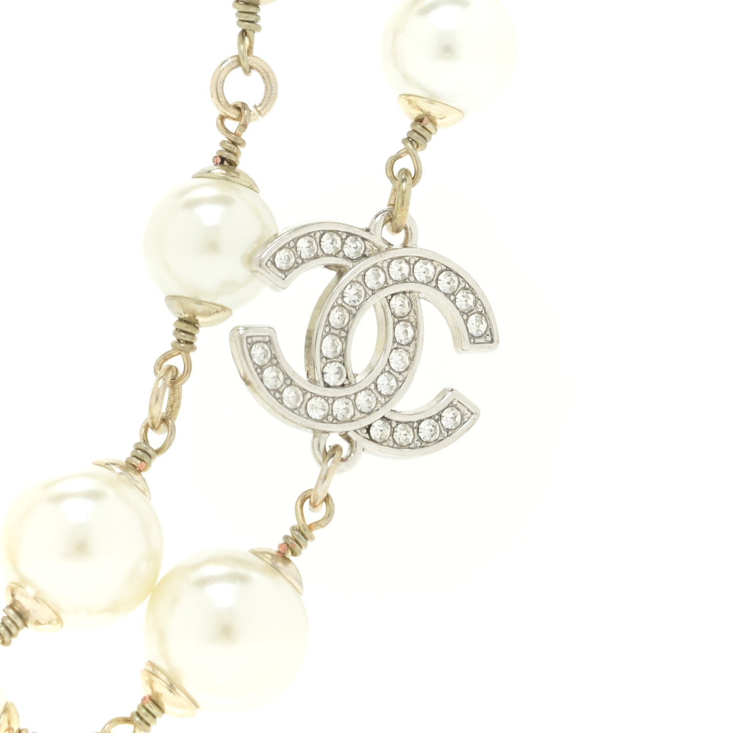 Graduated Pearl Crystal CC Long Necklace Silver