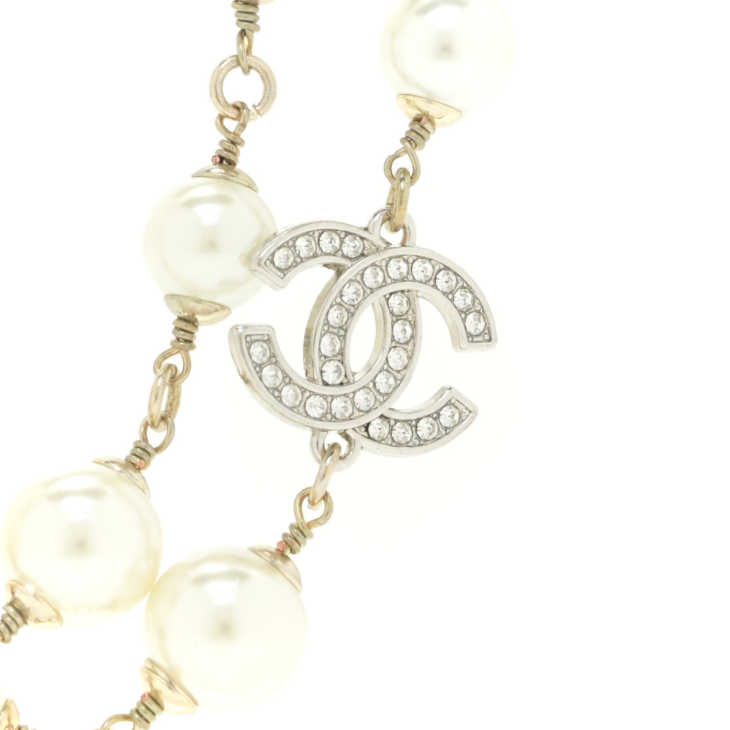 Chanel Graduated Pearl Crystal CC Long Necklace Silver 4 of 6