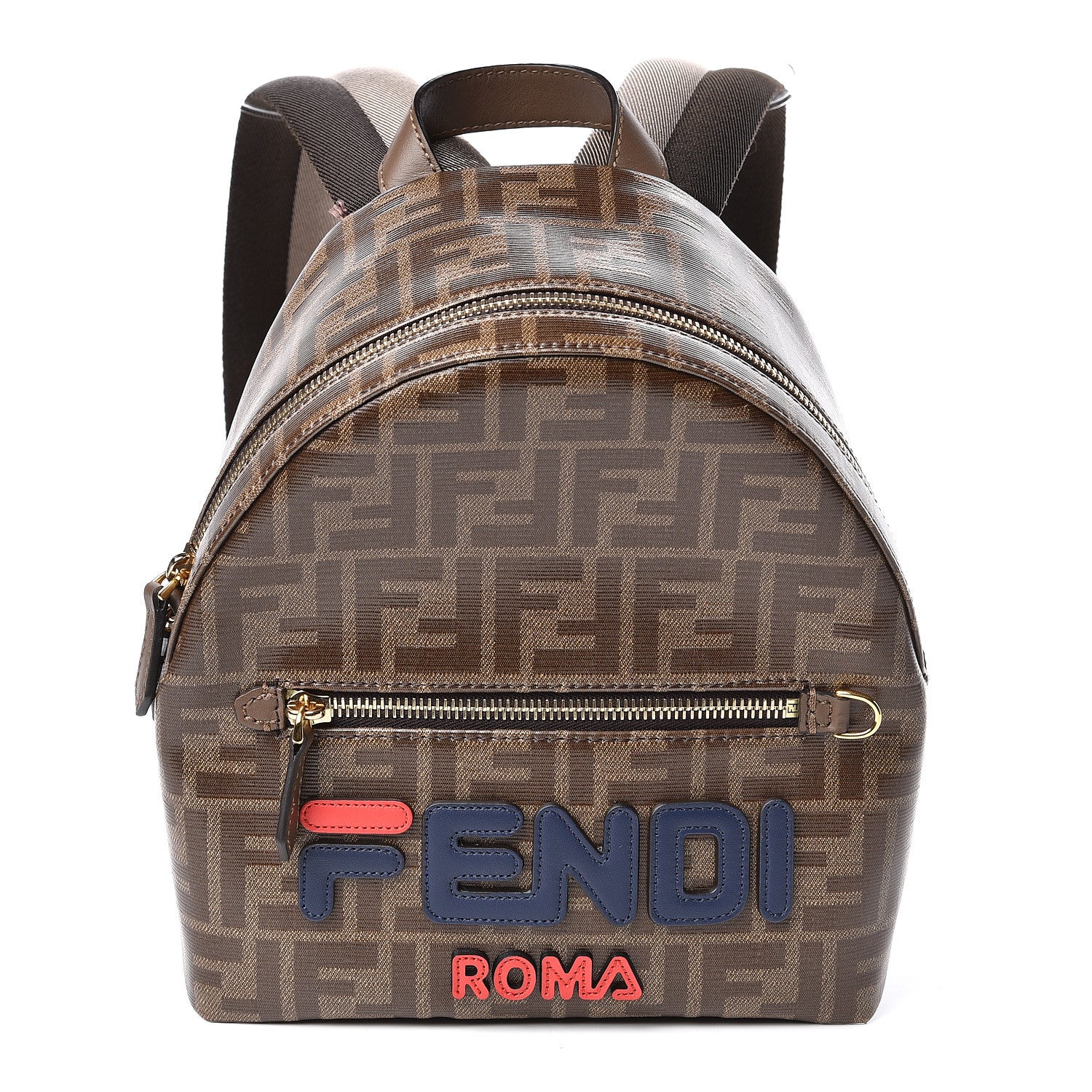 Fendi X FILA Glazed Fabric Vitello Century FF 1974 Mania Mini Backpack Mogano Panna Blueberry 1 of 11