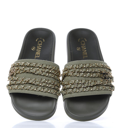 Chanel Canvas Chain Flat Sandals 37 Khaki 5 of 9