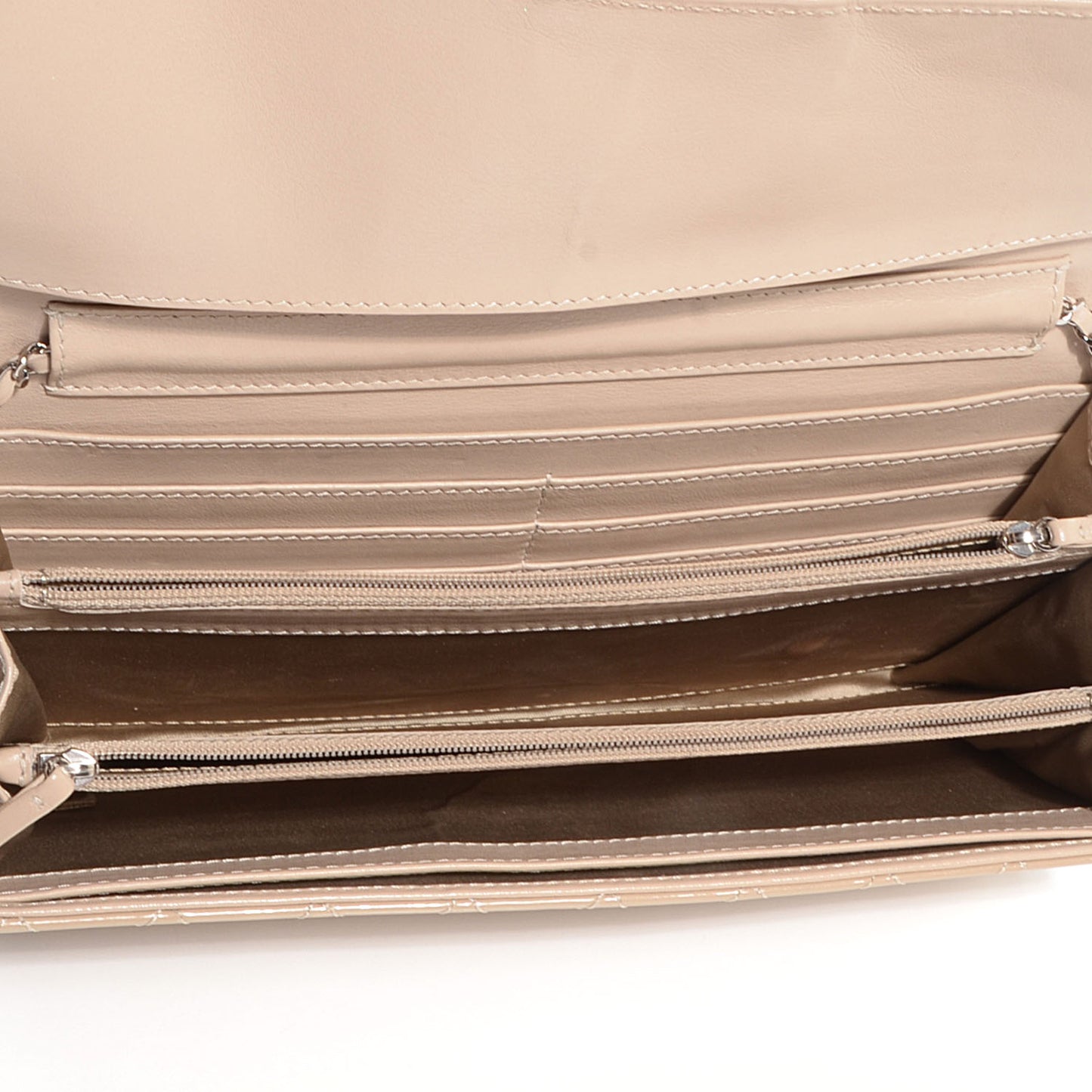 Patent Quilted Brilliant East West Clutch with Chain Beige