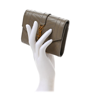 Saint Laurent Grain De Poudre Mixed Matelasse Triquilt Monogram Compact Tri Fold Wallet Greyish Brown 2 of 6
