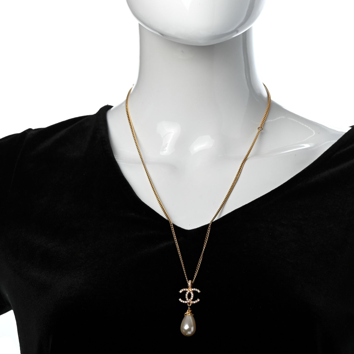 Pearl Crystal Twisted CC Drop Necklace Gold