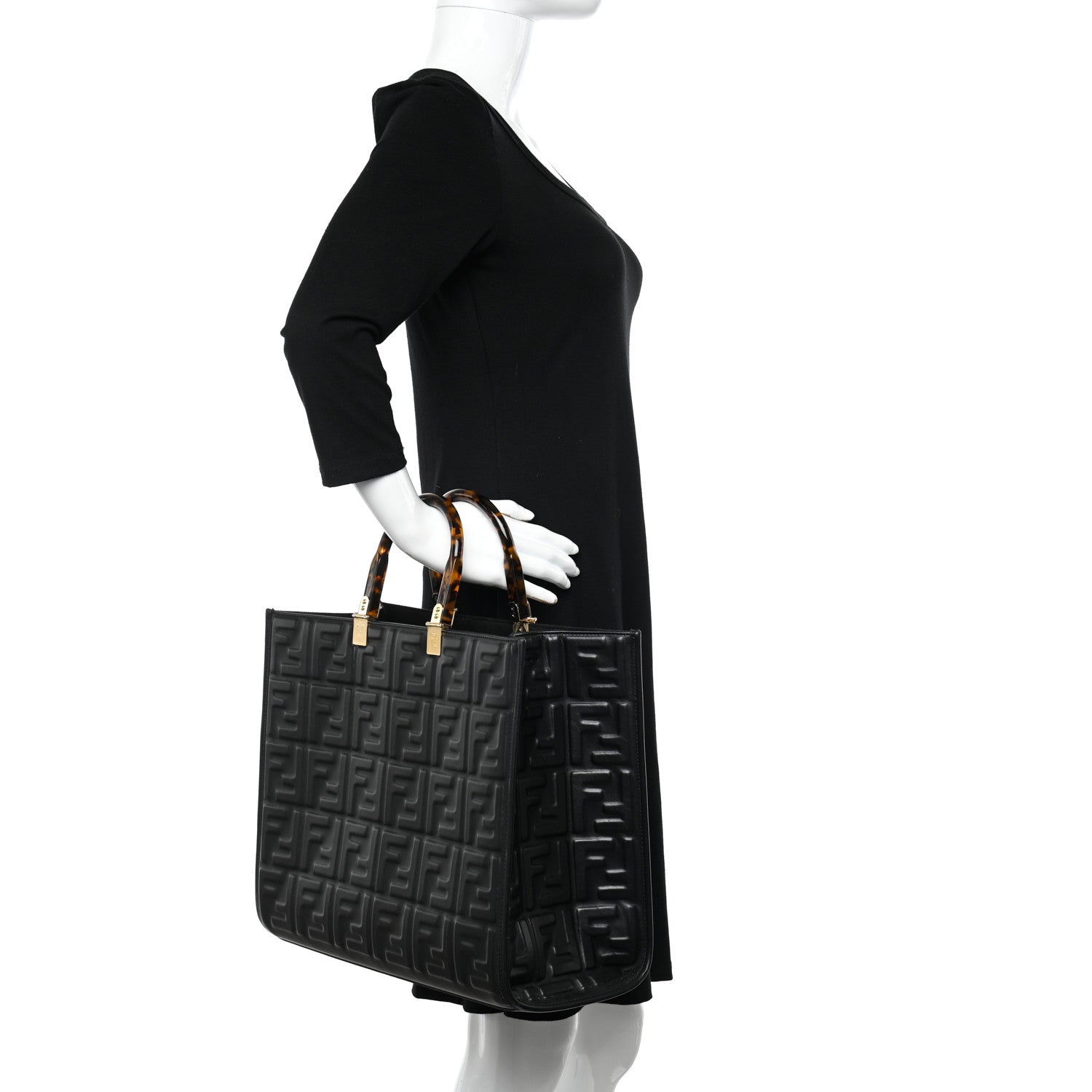 Fendi Vitello Plexiglass FF Embossed Medium Fendi Sunshine Shopper Tote Black 2 of 10