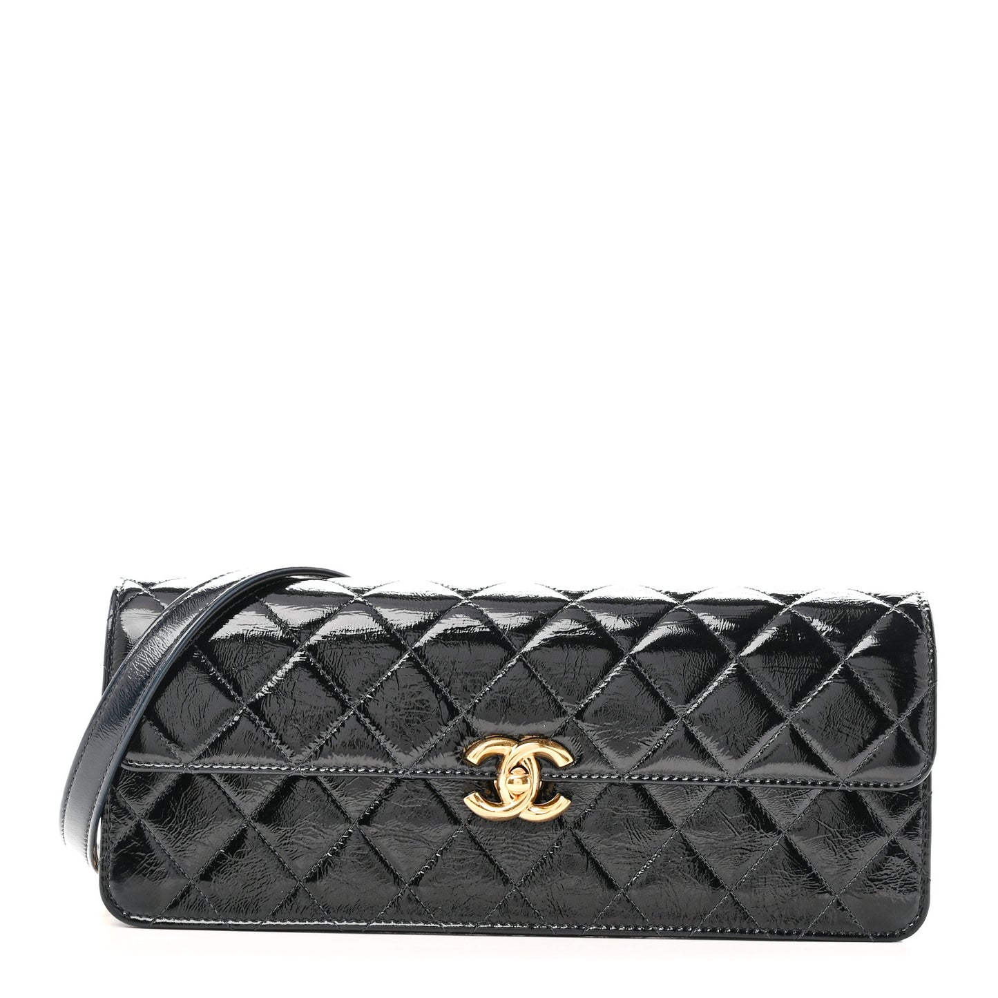 Patent Lambskin Quilted East West Flap Shoulder Bag Black