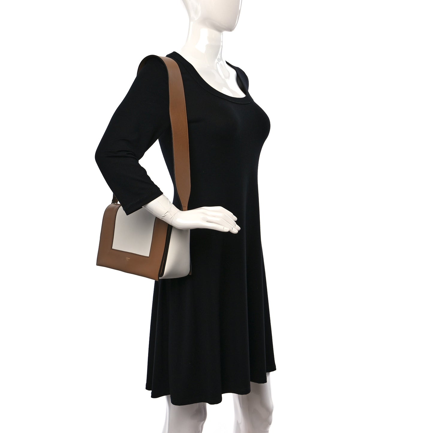 Shiny Smooth Calfskin Medium Frame Shoulder Bag Tan Optic White