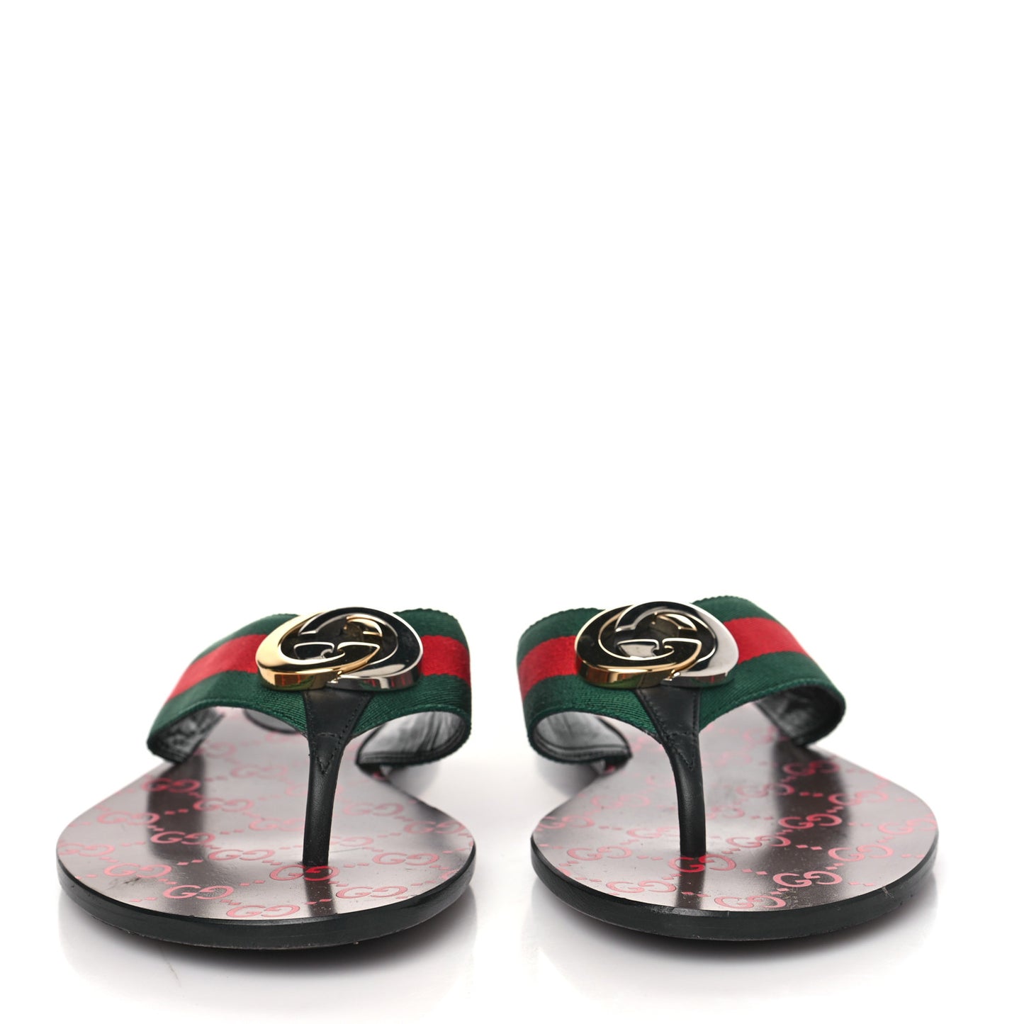 Nylon Calfskin Web GG Monogram Womens Thong Sandals 39.5 Green Red Cocoa