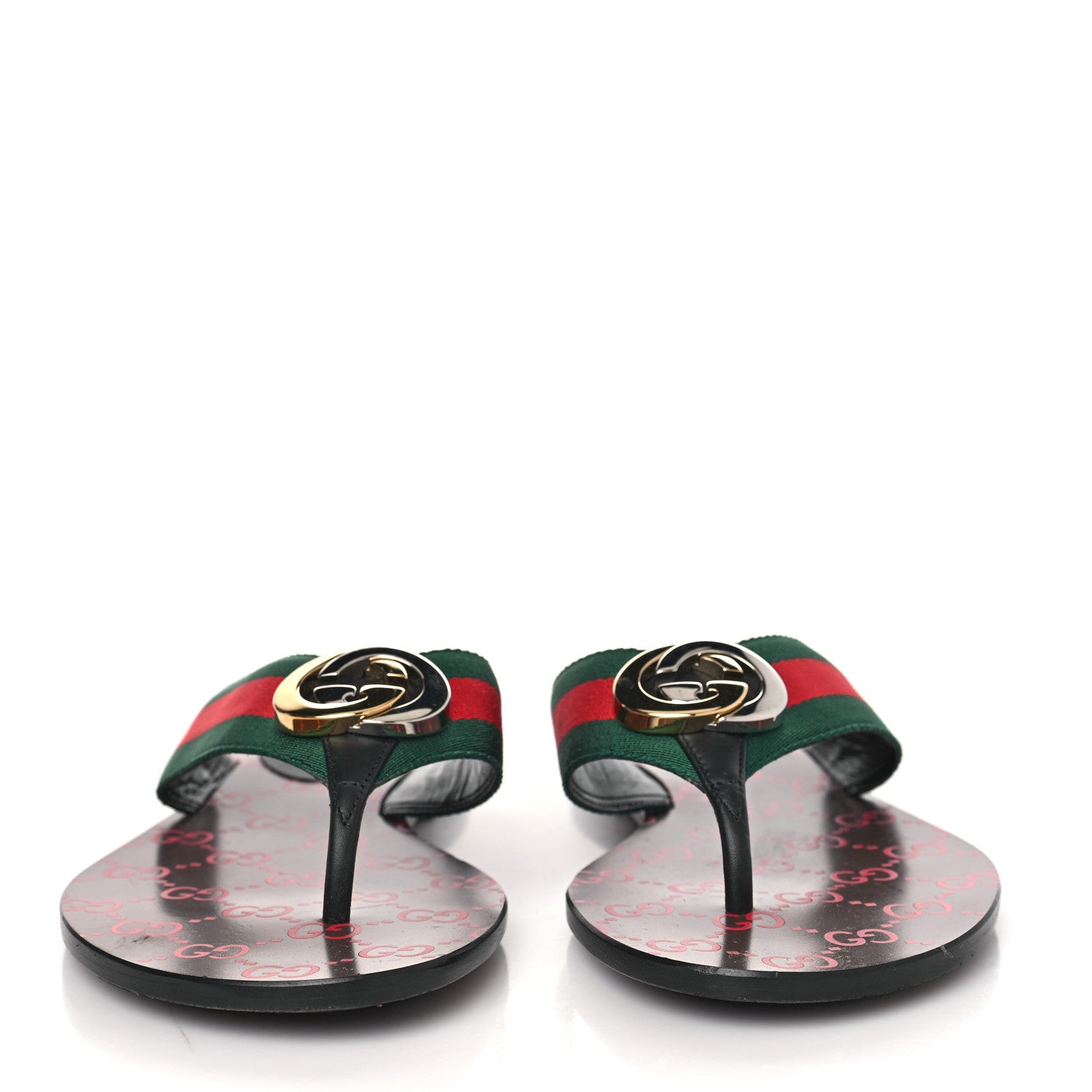 Gucci Nylon Calfskin Web GG Monogram Womens Thong Sandals 39.5 Green Red Cocoa 2 of 8
