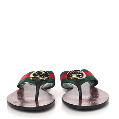 Gucci Nylon Calfskin Web GG Monogram Womens Thong Sandals 39.5 Green Red Cocoa 2 of 8