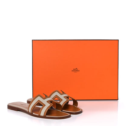 Hermes Calfskin Canvas Oran Sandals 39 Noisette Beige Dore 10 of 10