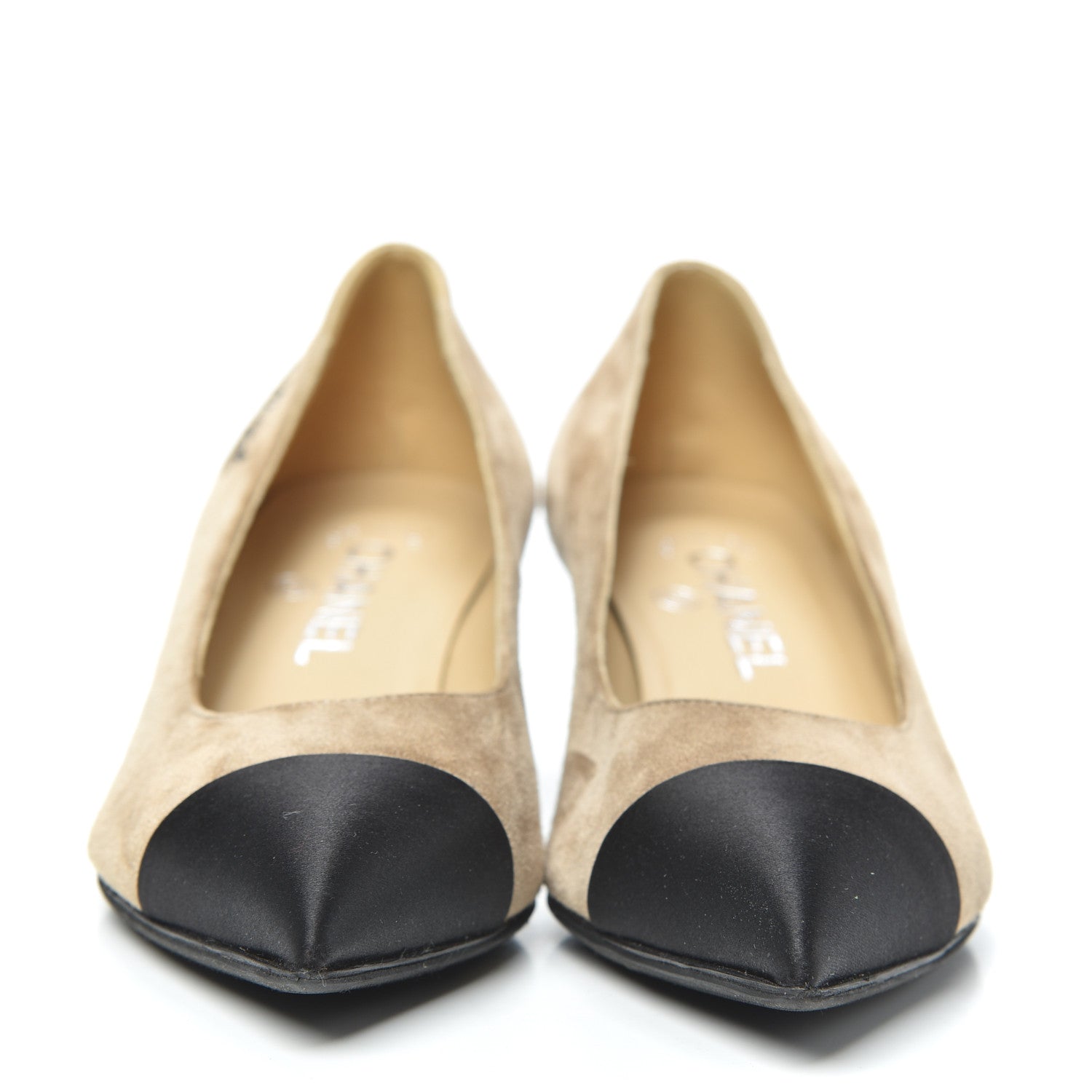Chanel Kid Suede Grosgrain Cap Toe Pumps 36.5 Beige Black 2 of 7