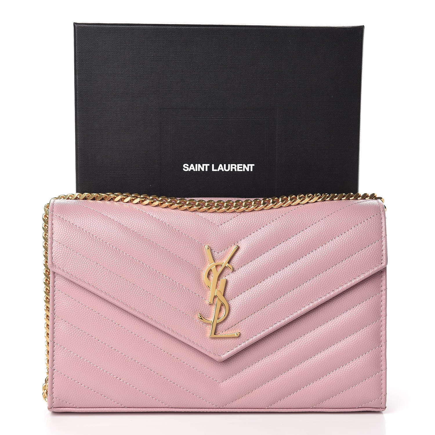 Saint Laurent Grain De Poudre Matelasse Chevron Monogram Chain Wallet Tender Pink 10 of 10