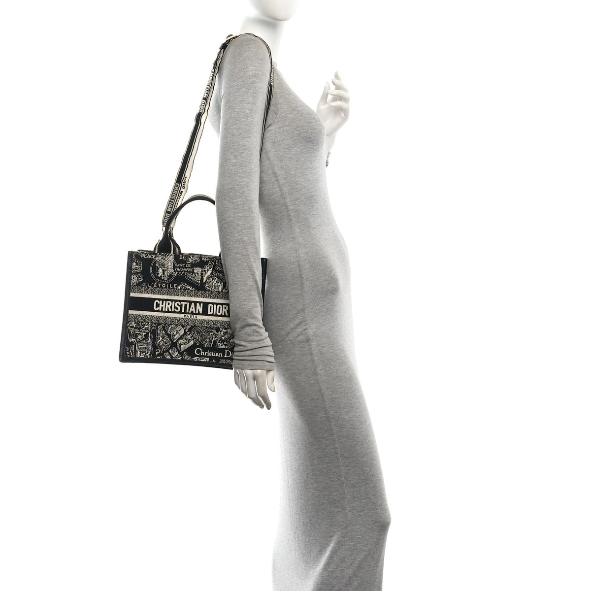 Canvas Calfskin Embroidered Small Plan De Paris Book Tote With Strap Black White
