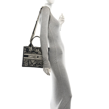 Christian Dior Canvas Calfskin Embroidered Small Plan De Paris Book Tote With Strap Black White 2 of 11