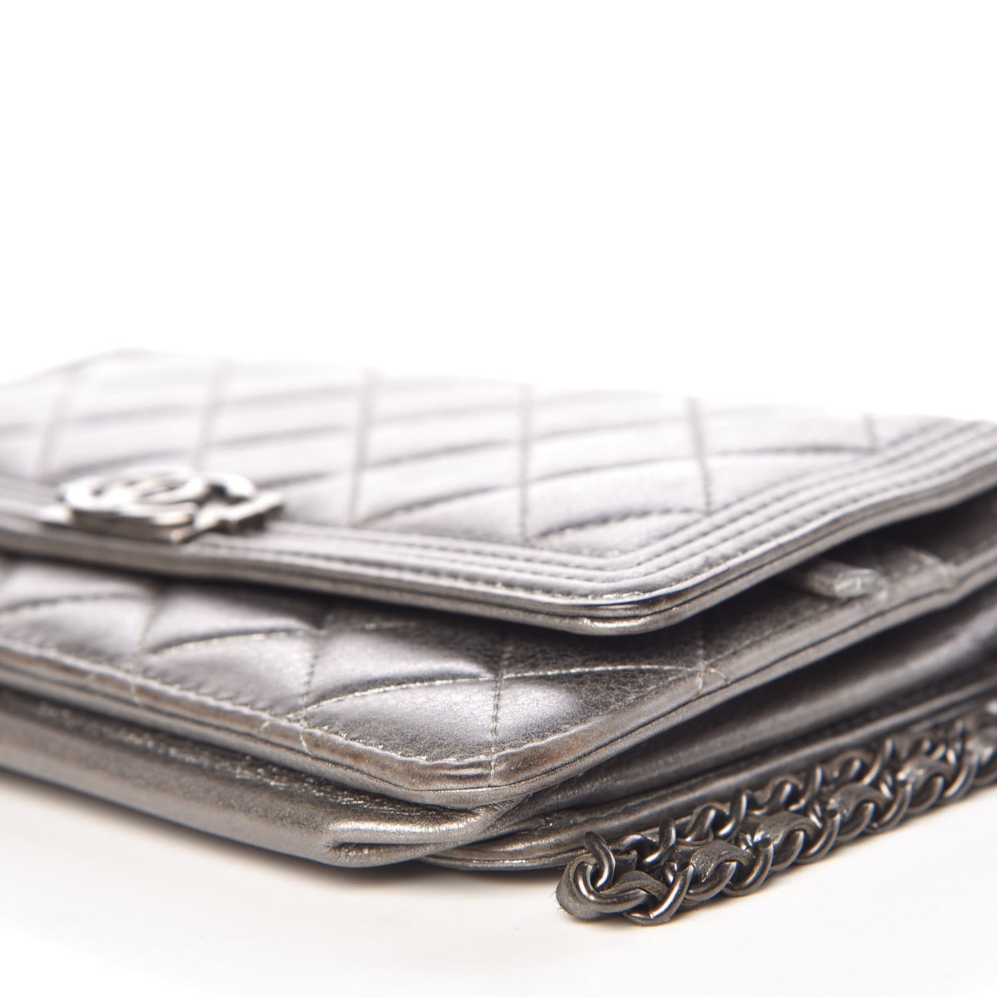 Metallic Calfskin Quilted Boy Wallet On Chain WOC Silver