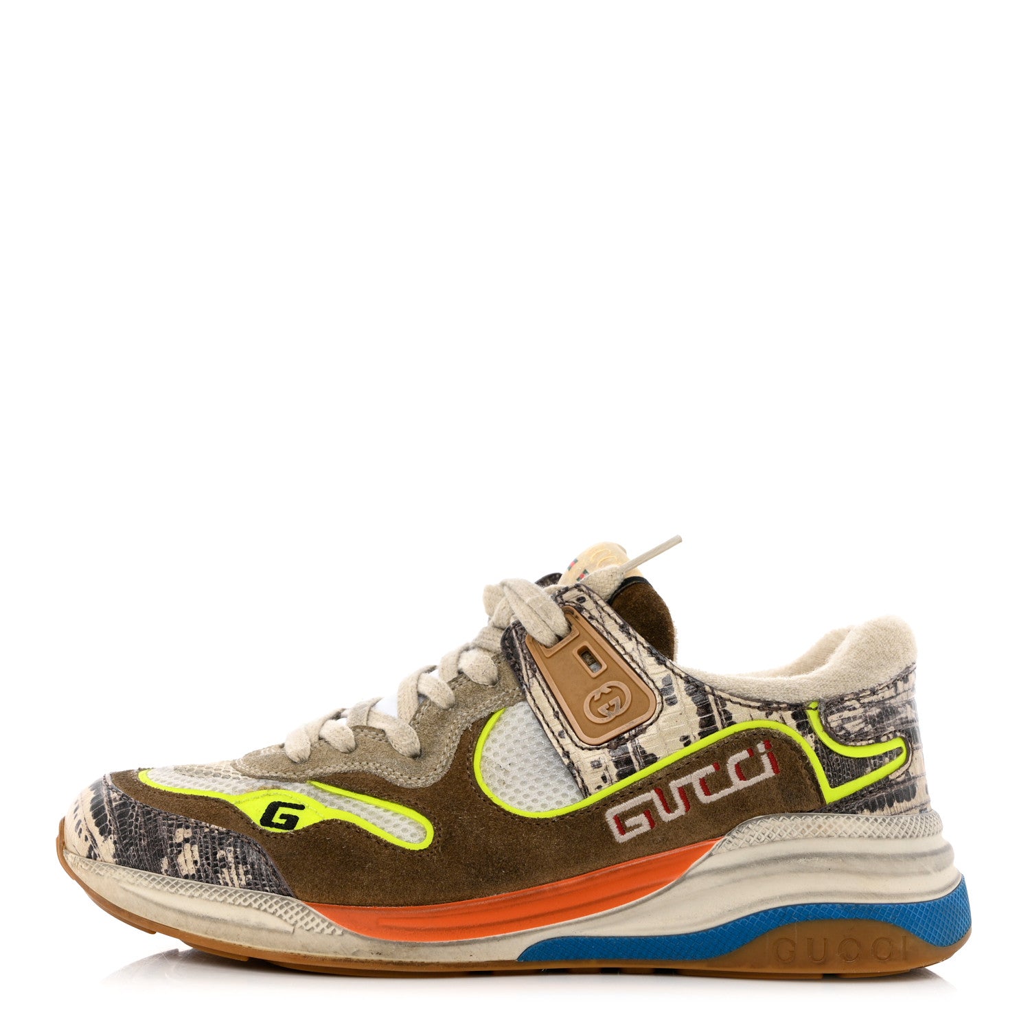 Gucci Suede Calfskin Tejus Printed Womens Ultrapace Sneakers 36 Natural Ardesia Neon Yellow 1 of 7