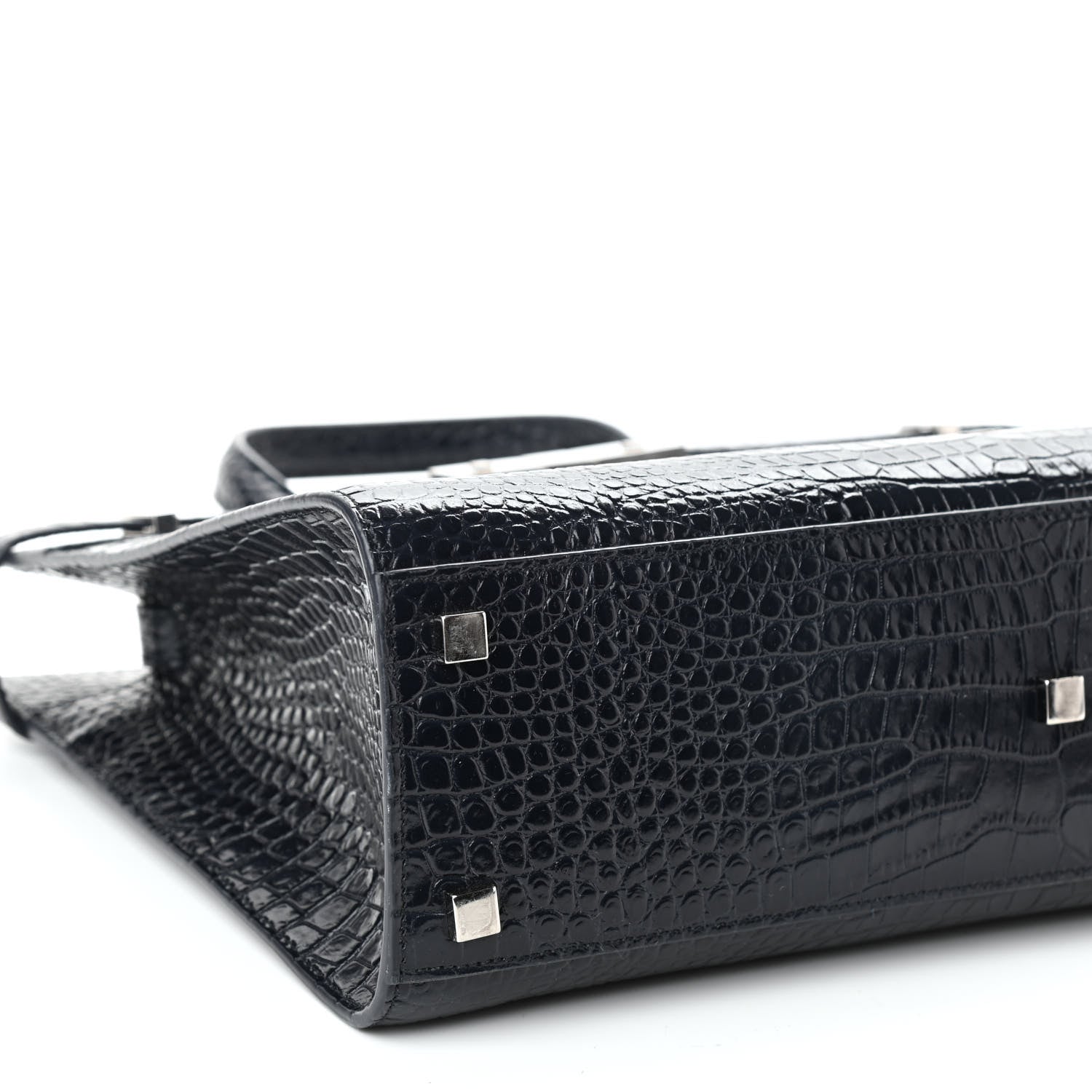 Saint Laurent Shiny Calfskin Crocodile Embossed Small Manhattan Shopper Tote Deep Marine 8 of 10