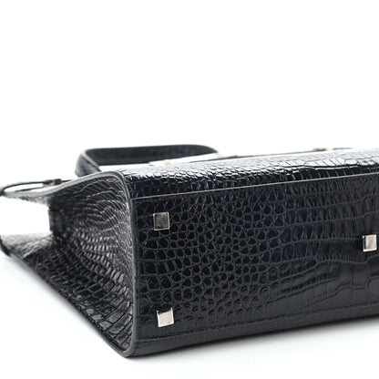 Saint Laurent Shiny Calfskin Crocodile Embossed Small Manhattan Shopper Tote Deep Marine 8 of 10