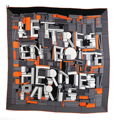 Hermes Cashmere Silk Lettres en Boite Scarf 140 Anthracite Orange Gris 1 of 3