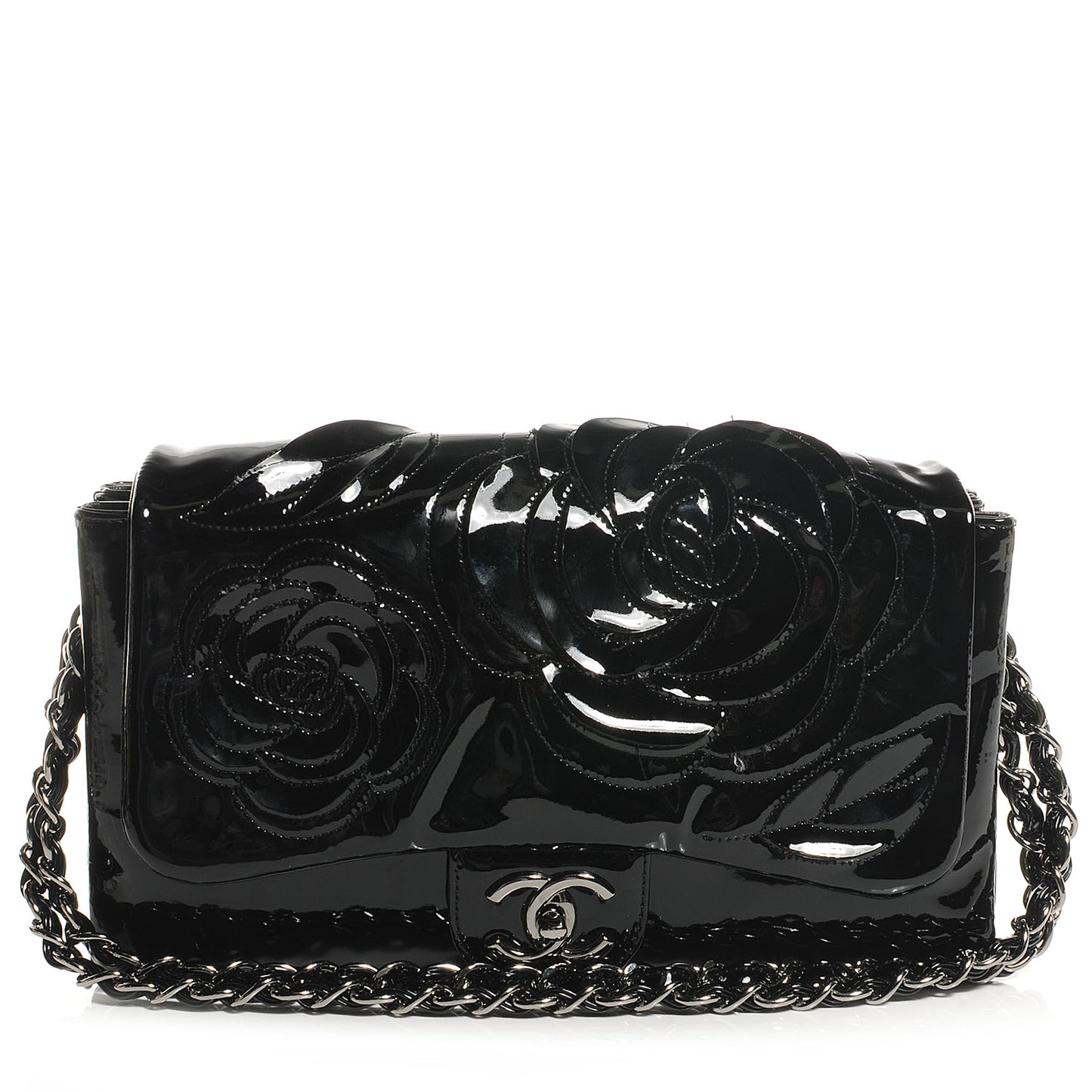 Patent Leather Tweed Camellia Petals Flap Black