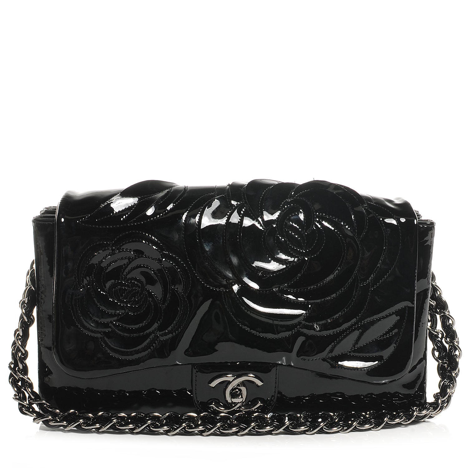 Chanel Patent Leather Tweed Camellia Petals Flap Black 1 of 9