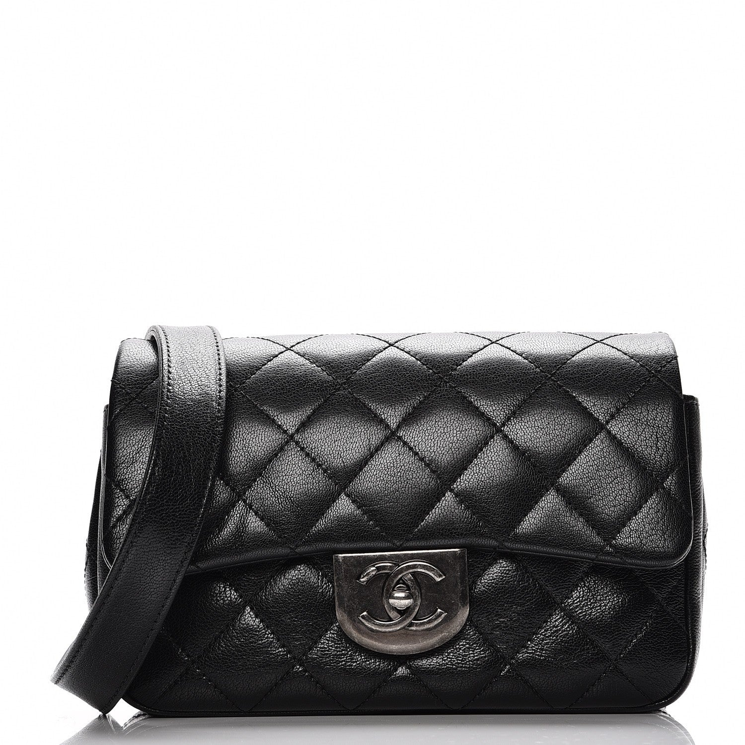 Chanel Shiny Goatskin Quilted Small Double Carry Waist Chain Flap Black 1 of 7