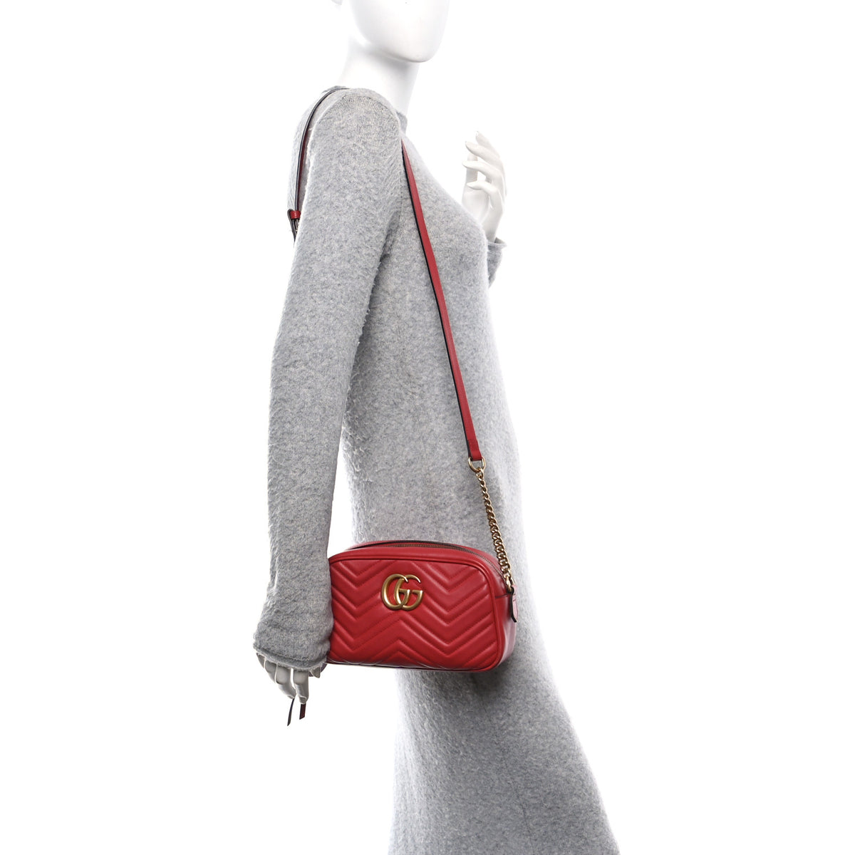 Gucci Calfskin Matelasse Small GG Marmont Chain Shoulder Bag Hibiscus Red 3 of 13