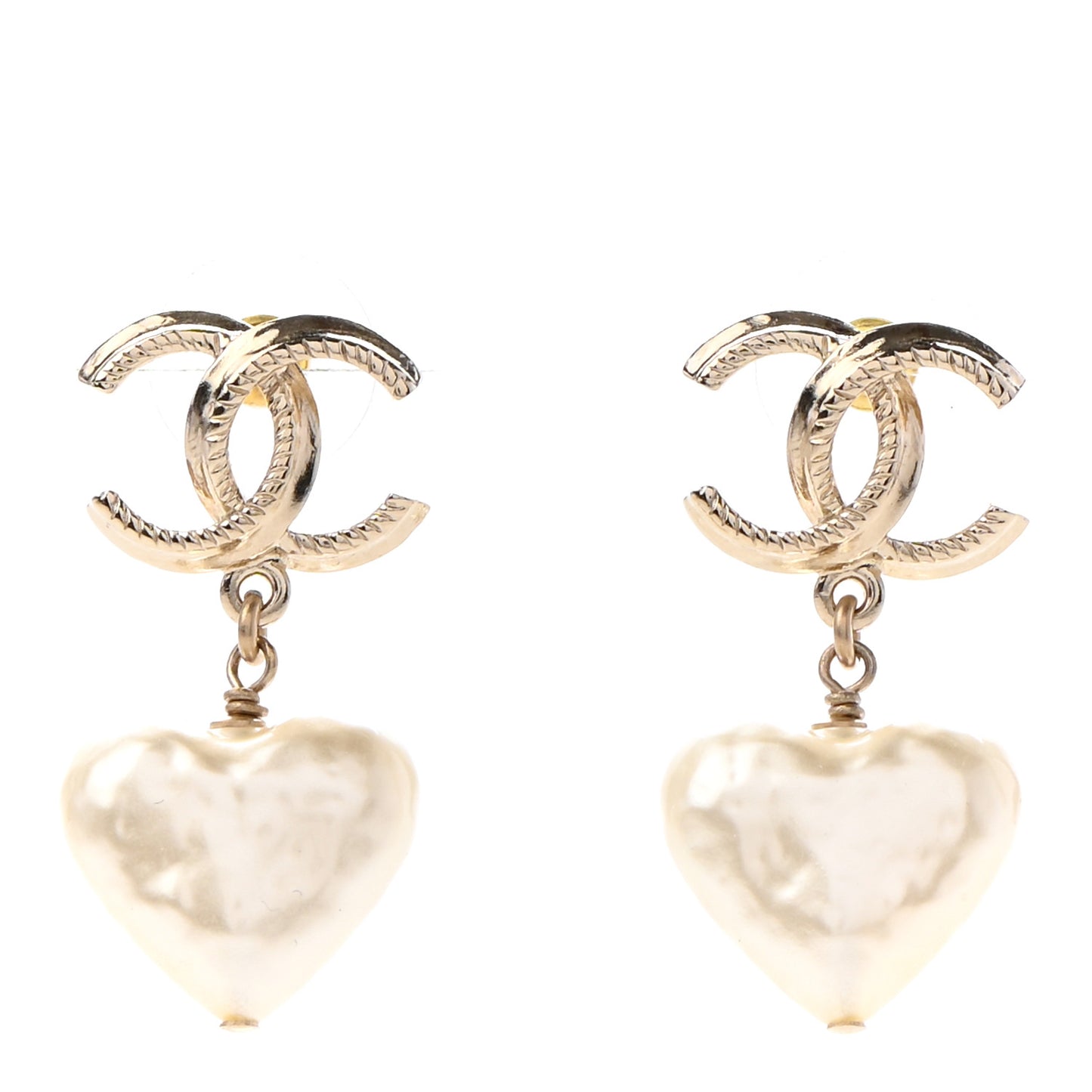 Pearl CC Heart Drop Earrings Gold