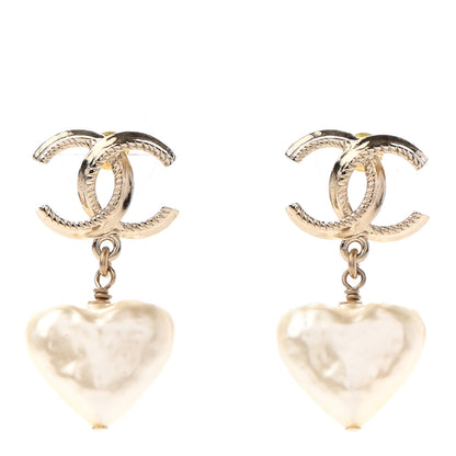 Chanel Pearl CC Heart Drop Earrings Gold 1 of 4