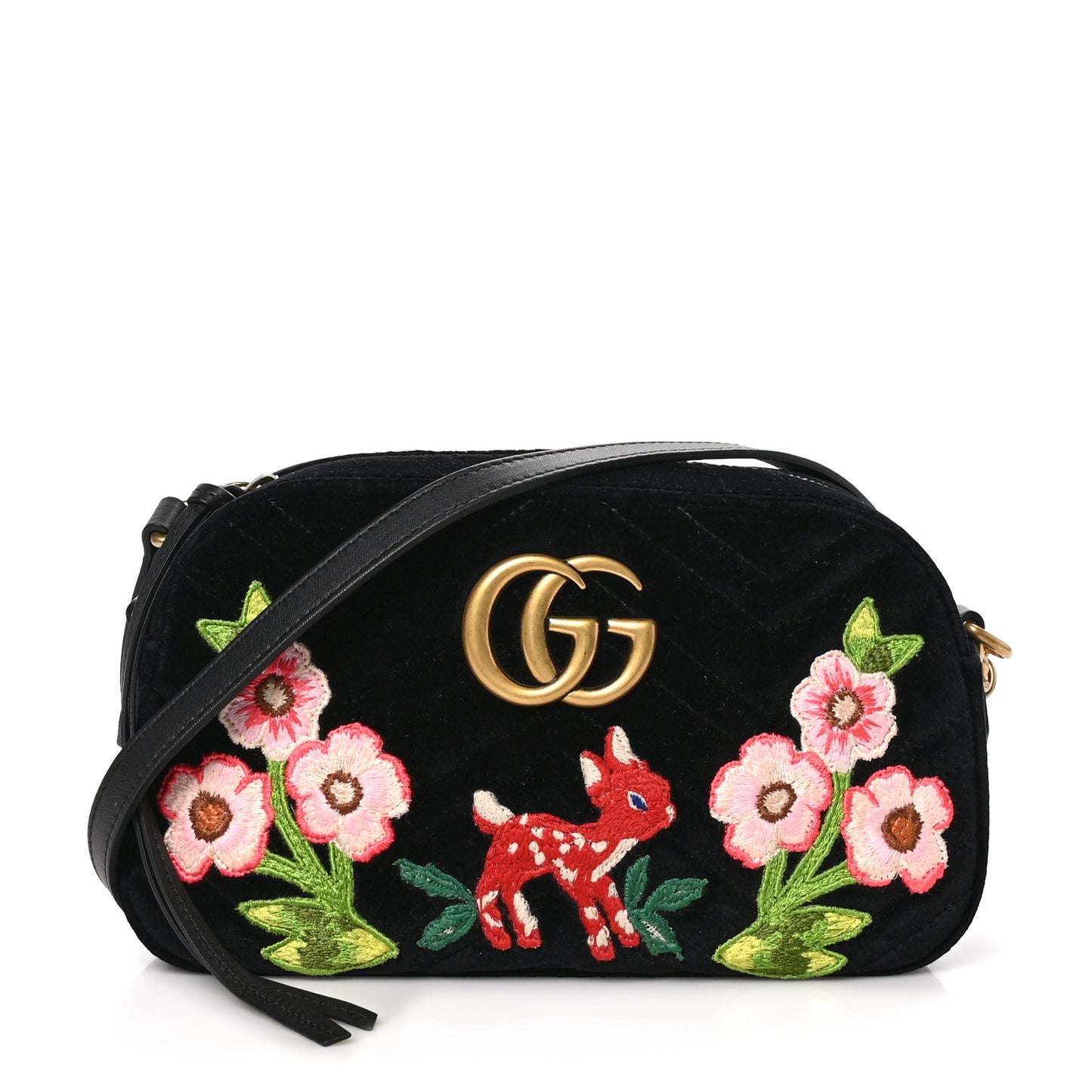 Velvet Matelasse Deer Embroidered Small GG Marmont Chain Shoulder Bag Black