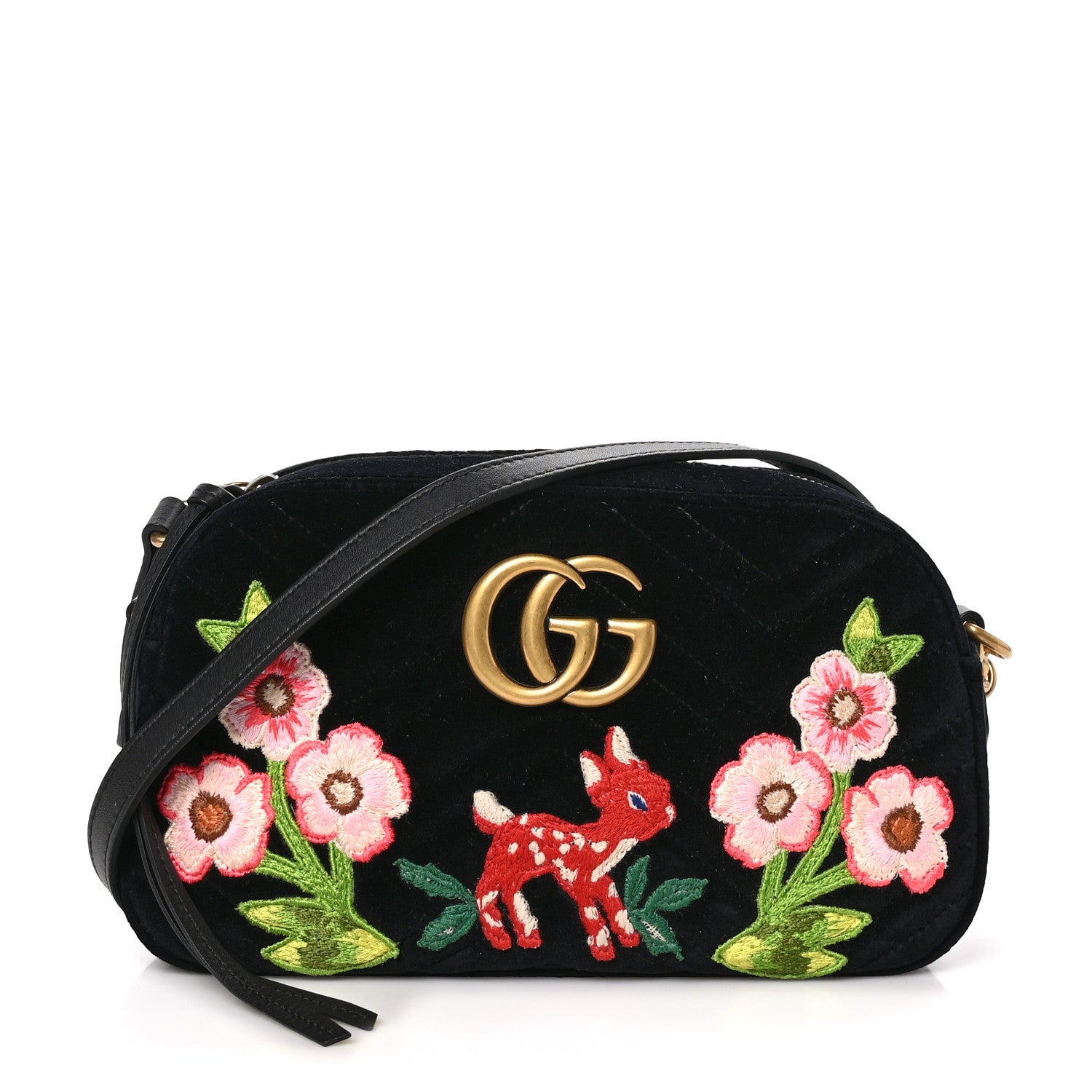 Gucci Velvet Matelasse Deer Embroidered Small GG Marmont Chain Shoulder Bag Black 1 of 11