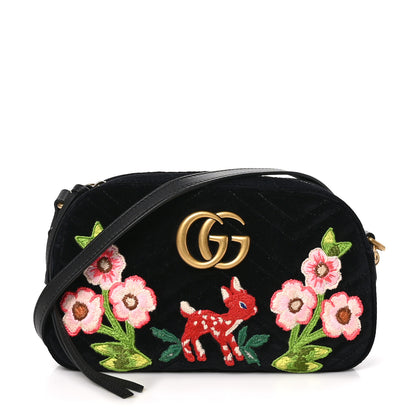 Gucci Velvet Matelasse Deer Embroidered Small GG Marmont Chain Shoulder Bag Black 1 of 11
