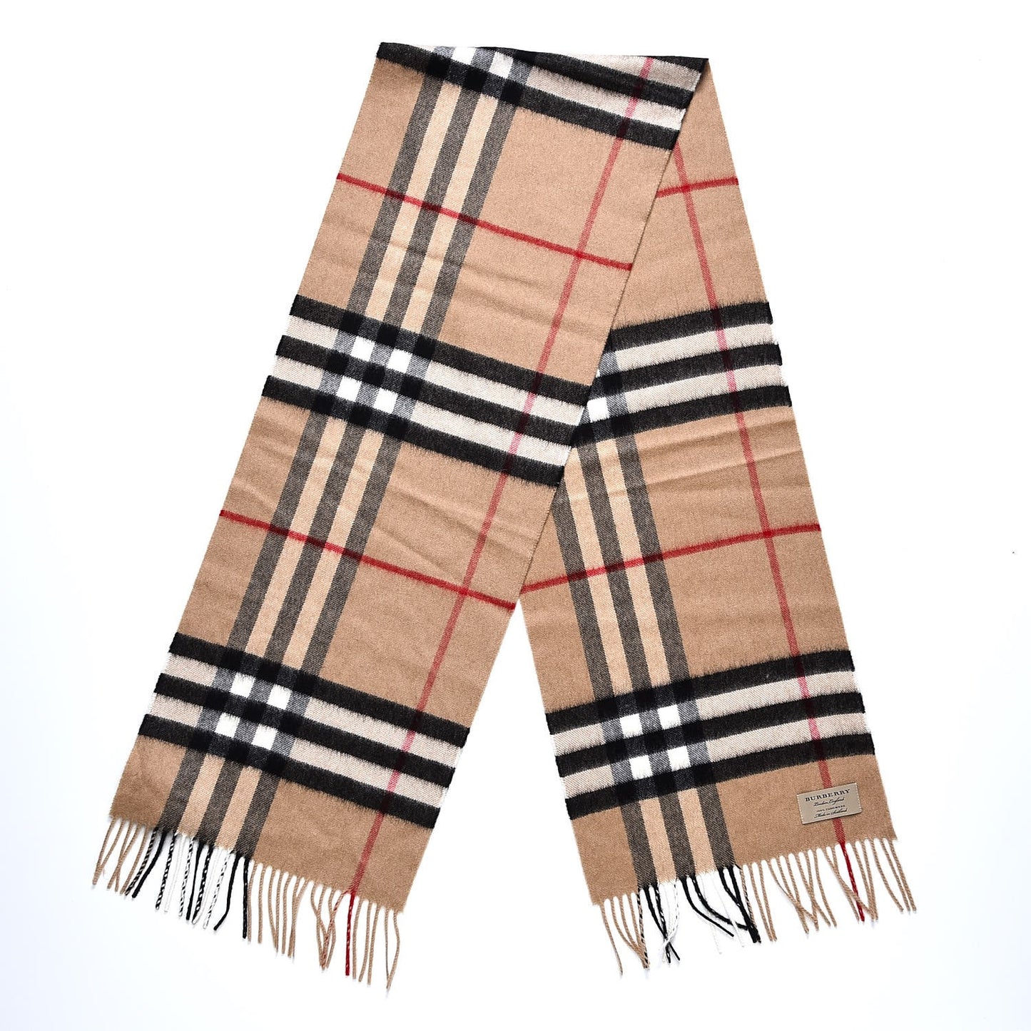 Cashmere Giant Check Fringe Scarf Camel