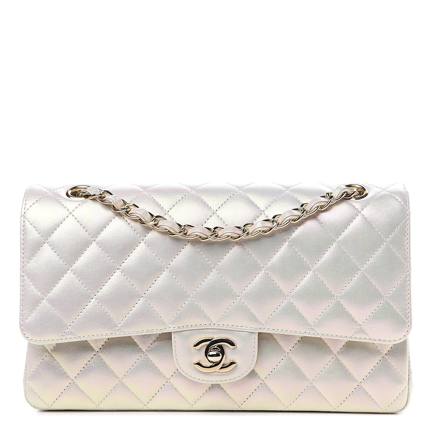 Iridescent Lambskin Quilted Medium Double Flap Ivory