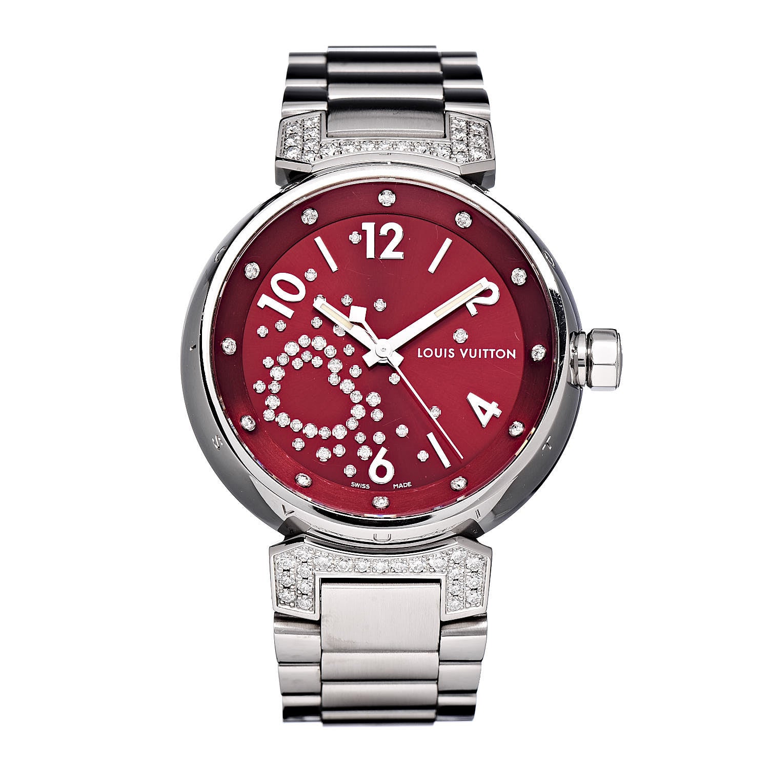 Louis Vuitton Stainless Steel Diamond 34mm Tambour Fiji Heart Quartz Watch Red 1 of 7
