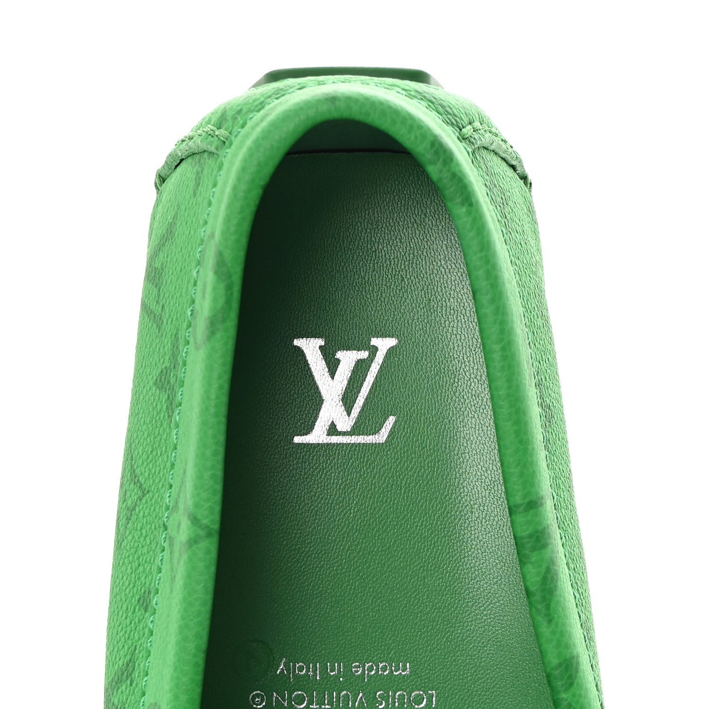 Grained Calfskin Monogram Mens Driver Moccasin Loafers 10 Green