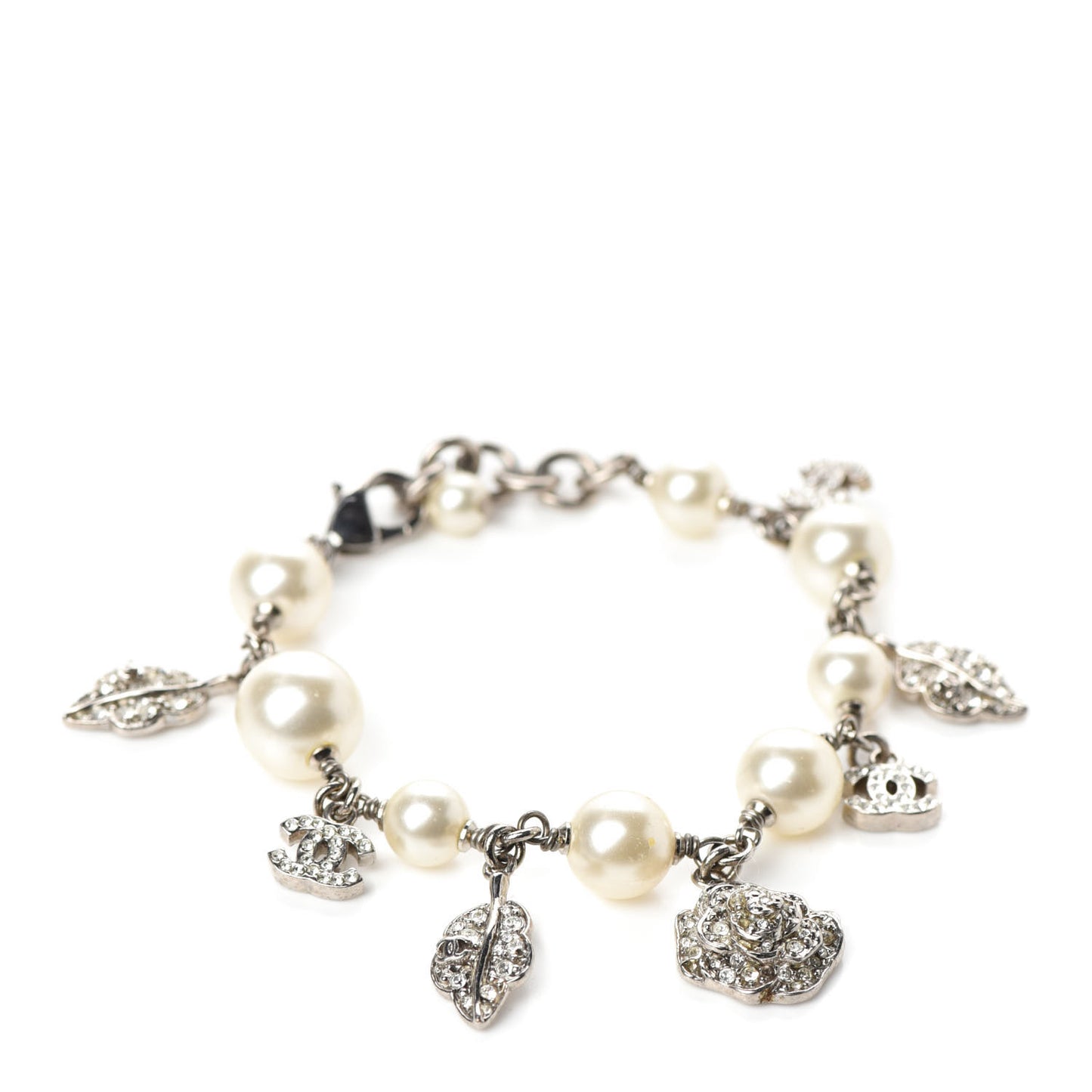 Crystal Pearl CC Charm Bracelet Silver