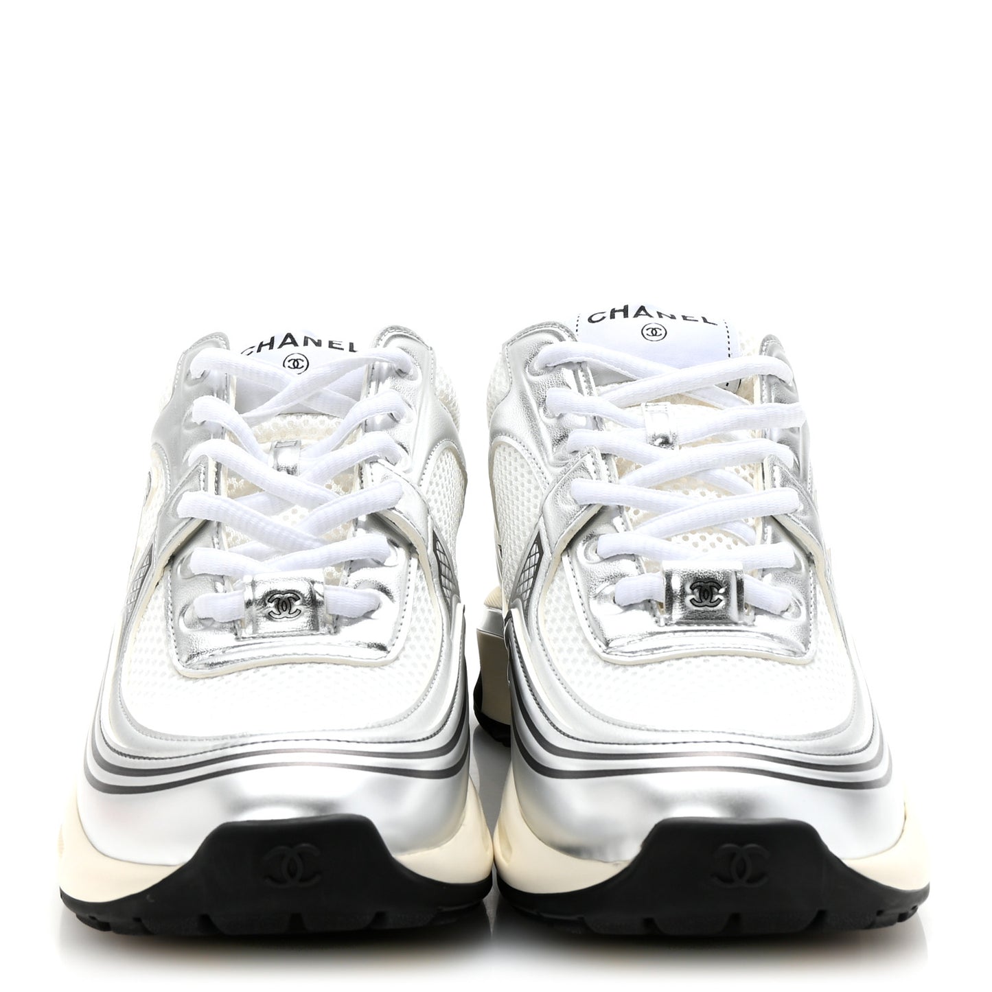 Fabric Laminated Calfskin Stretch CC Womens Sneakers 38.5 Ivory White Silver