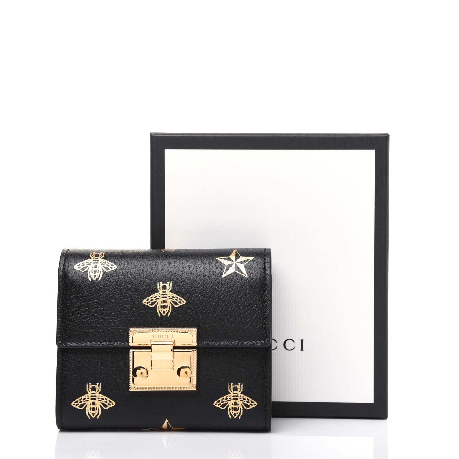 Gucci Calfskin Bee Star Print Padlock Wallet Black 13 of 13