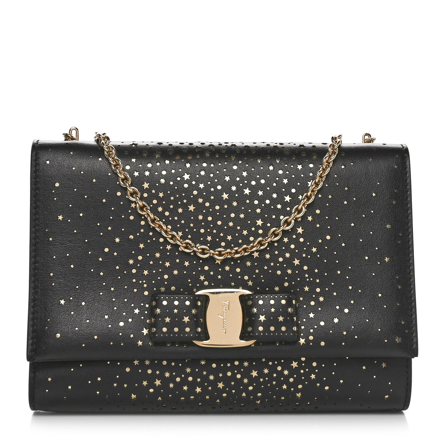 Calfskin Laser Cut Mini Miss Vara Bow Chain Bag Black Gold