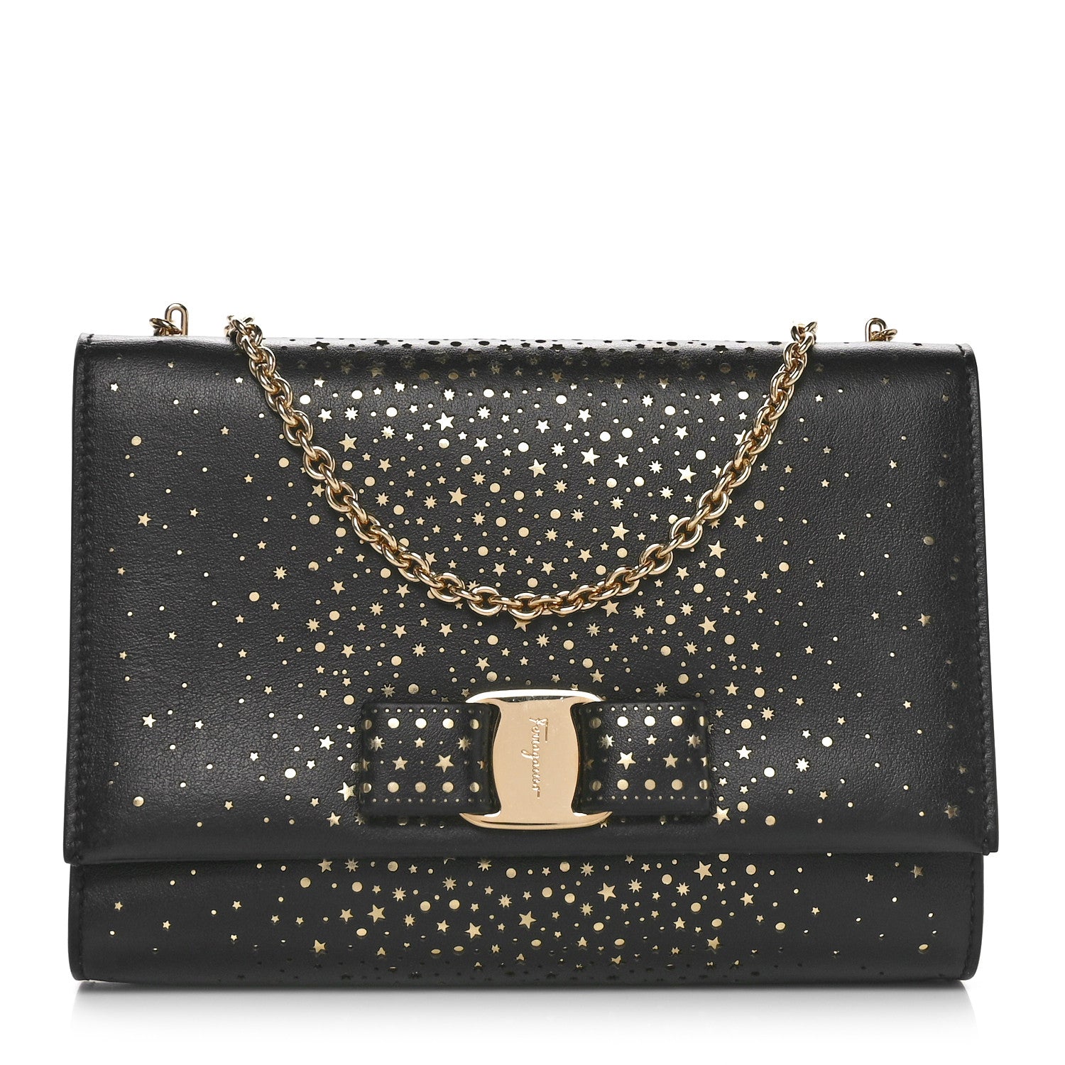 Salvatore Ferragamo Calfskin Laser Cut Mini Miss Vara Bow Chain Bag Black Gold 1 of 10